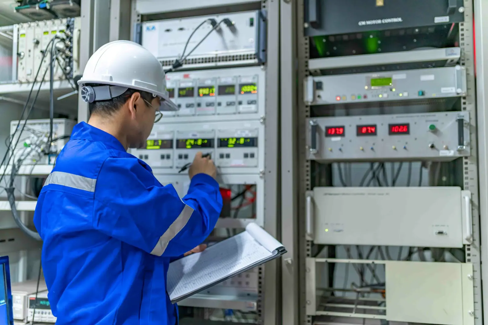 Fachkraft prüft eine Stromverteilung im Technikraum